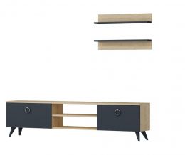 Set comoda tv si 2 rafturi suspendate Gloria Homs, 150 x 43.6 x 29.5 cm, gri/stejar