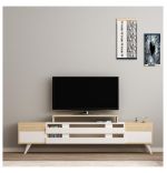 Comoda tv cu usi batante Miranda Homs, 180 x 43.8 x 31.6, alb/stejar