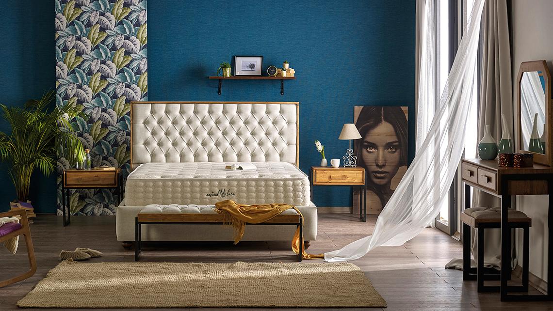 Baza de pat cu tablie si saltea Natural Linen Homs 120× 200 cm
