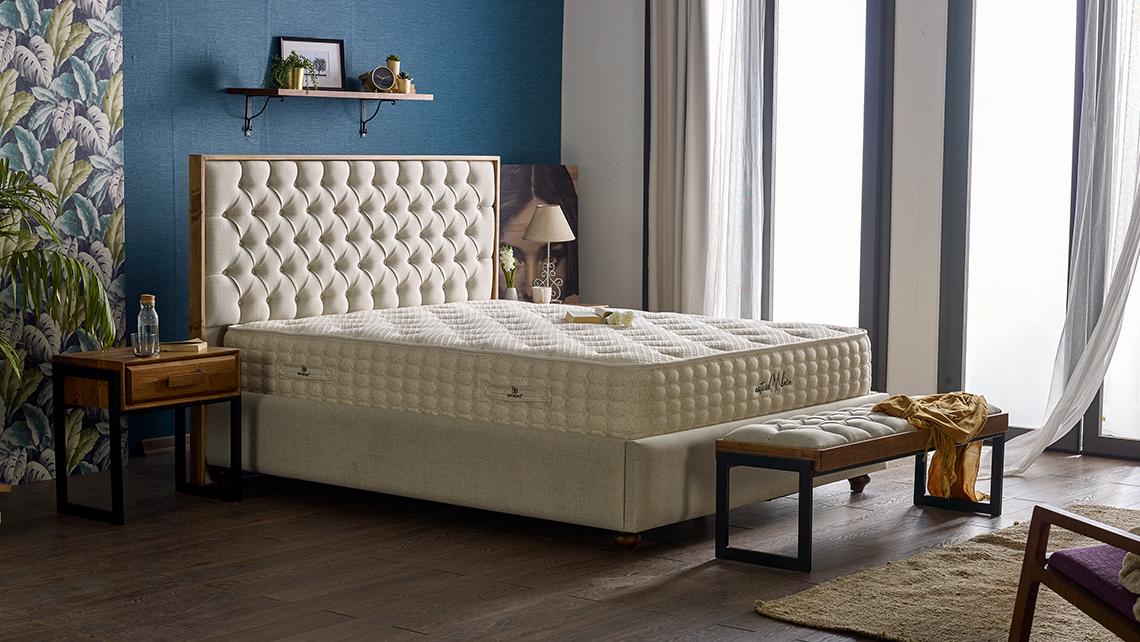 Baza de pat cu tablie si saltea Natural Linen Homs 120× 200 cm