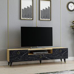 Comoda tv cu spatiu media Marble Homs, 150 x 45 x 31.3 cm, negru/stejar
