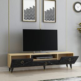 Comoda tv cu spatiu media Marble Homs, 150 x 45 x 31.3 cm, negru/stejar