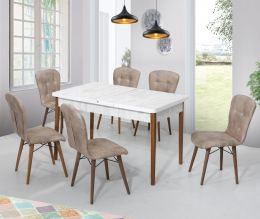Set masa alba extensibila cu 6 scaune tapitate maro Homs Cristal 170 x 80 cm, picioare lemn