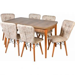 Set masa extensibila cu 6 scaune tapitate Homs nuc/bej 170 x 80 cm picioare lemn  
