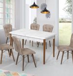 Set masa alba extensibila cu 6 scaune tapitate maro Homs Cristal 170 x 80 cm, picioare lemn