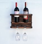 Suport din lemn pentru 2 sticle vin si 2 pahare Homs 32 x 20 x 15 cm, maro