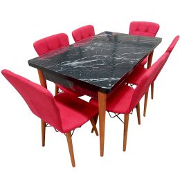Set masa extensibila cu 6 scaune tapitate Homs cristal negru-rosu170 x 80 cm