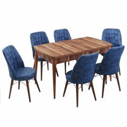 Set masa extensibila cu 6 scaune tapitate Homs cargold 250-30047,nuc-albastru, 170 x 80 cm