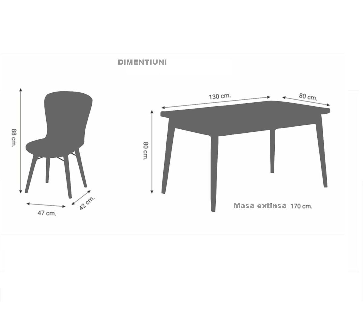 Set masa extensibila cu 6 scaune tapitate gri Homs masa marmorat negru picioare alb 170 x 80 cm
