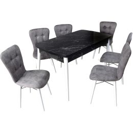 Set masa extensibila cu 6 scaune tapitate gri Homs masa marmurat negru picioare alb 170 x 80 cm